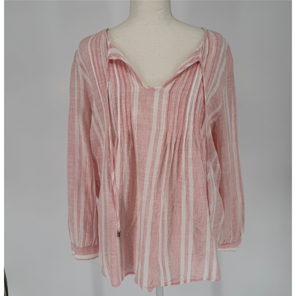 Tommy Hilfiger Linen Blend Peasant Blouse Womens M‎ Pink Striped Coastal Preppy